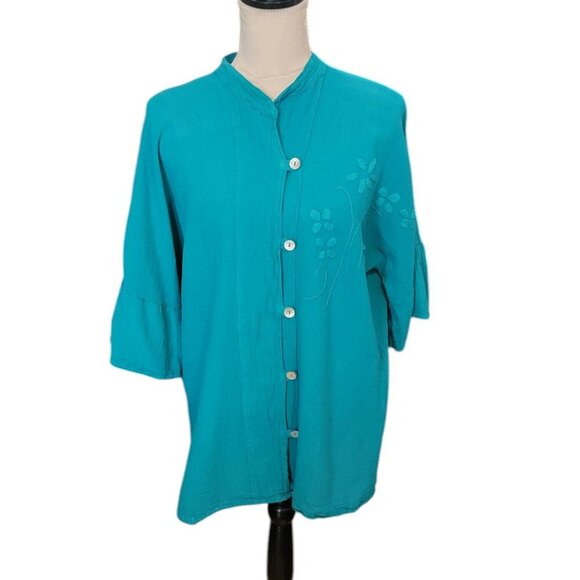 Chali Mexico Teal/Turquoise Blue Button-Down Mandarin Collar 3/4 Sleeve Top NWOT - Picture 1 of 5